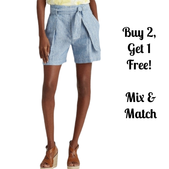 Lauren Ralph Lauren Pants - 🎉 B2G1 Lauren Ralph Lauren Blue Chambray 100% Linen High Rise Belted Shorts 12